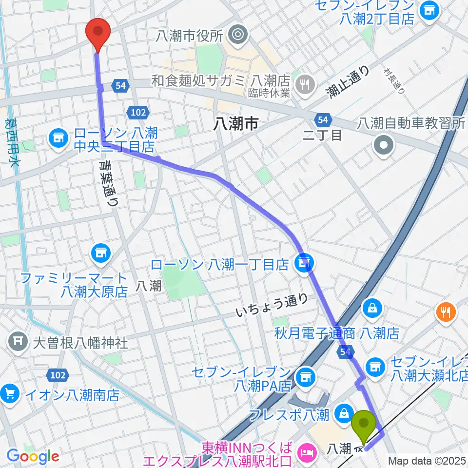 サウンドスタジオ・イフの最寄駅八潮駅からの徒歩ルート（約31分）地図