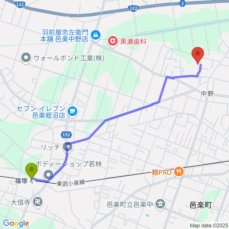 篠塚駅からサウンドスタジオグリーンフィールド音楽教室へのルートマップ地図