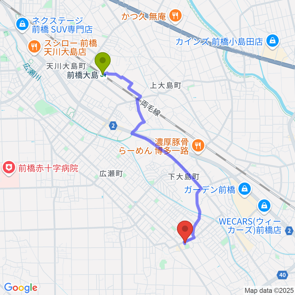 前橋大島駅からヴィエナピアノ教室・フルート教室へのルートマップ地図