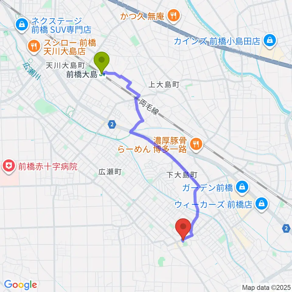 前橋大島駅からヴィエナピアノ教室・フルート教室へのルートマップ地図
