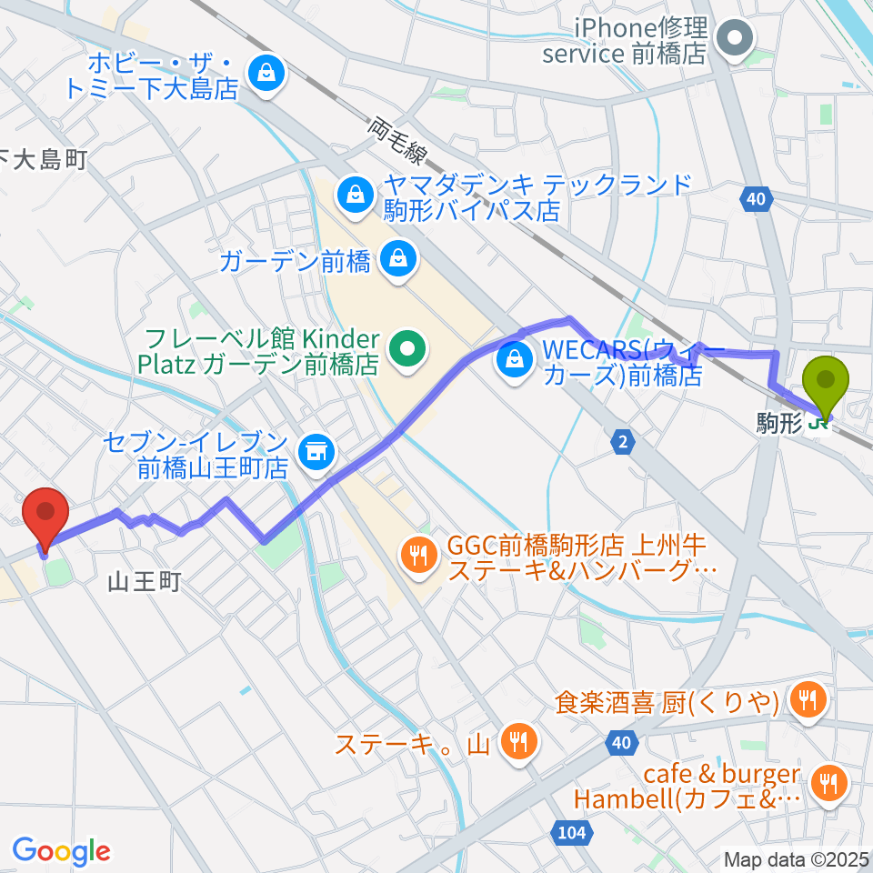 ヴィエナピアノ教室・フルート教室の最寄駅駒形駅からの徒歩ルート（約28分）地図