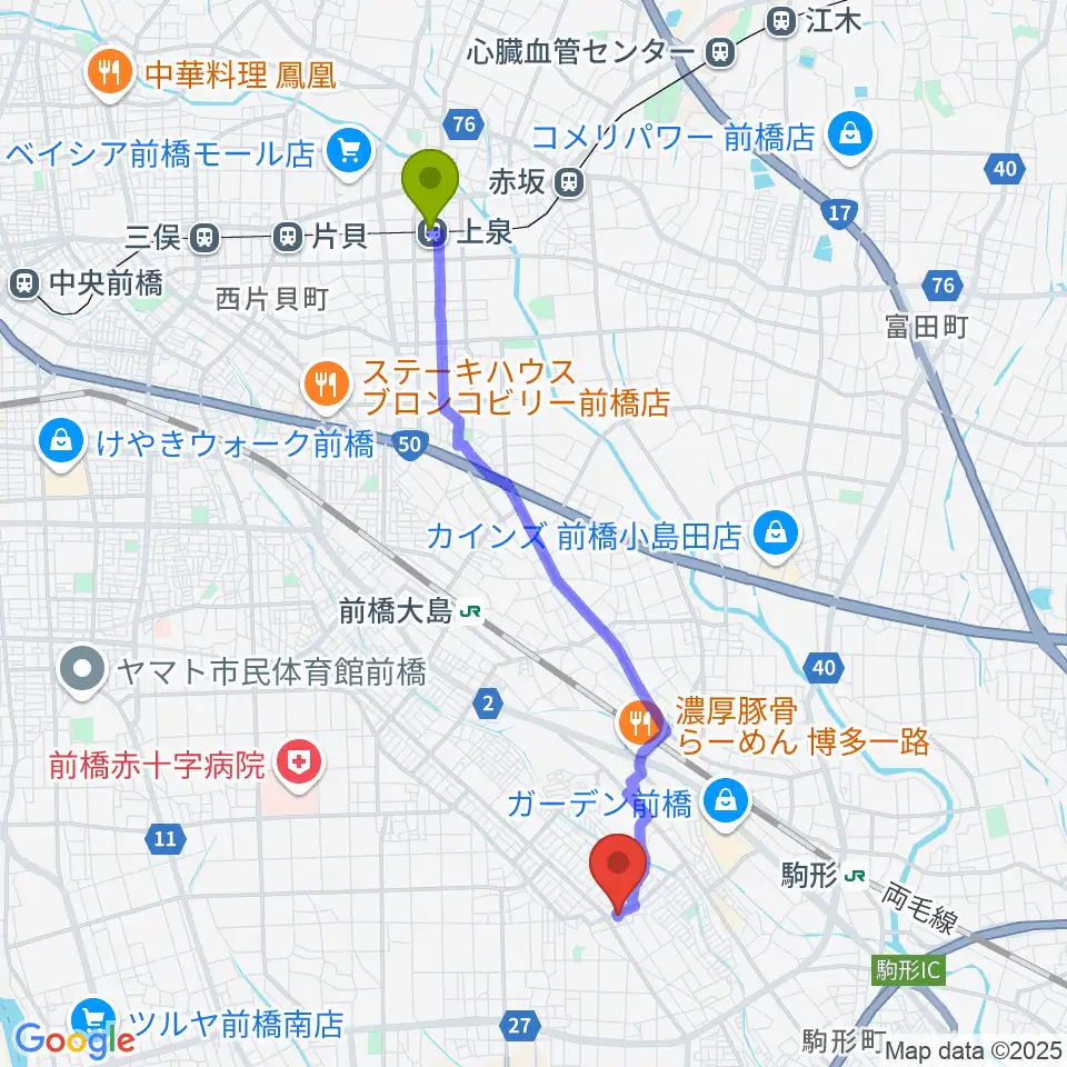 上泉駅からヴィエナピアノ教室・フルート教室へのルートマップ地図