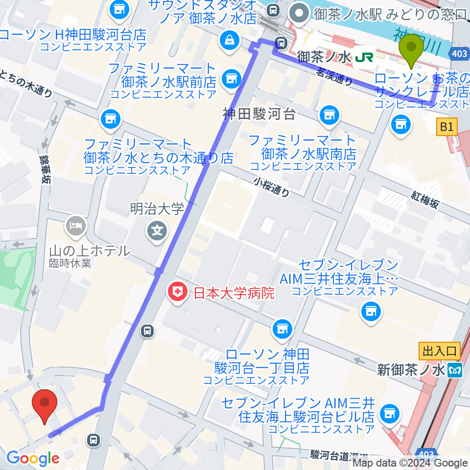 御茶ノ水駅からナチュラルハイテックレコーズへのルートマップ地図