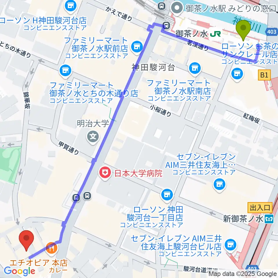 御茶ノ水駅からナチュラルハイテックレコーズへのルートマップ地図