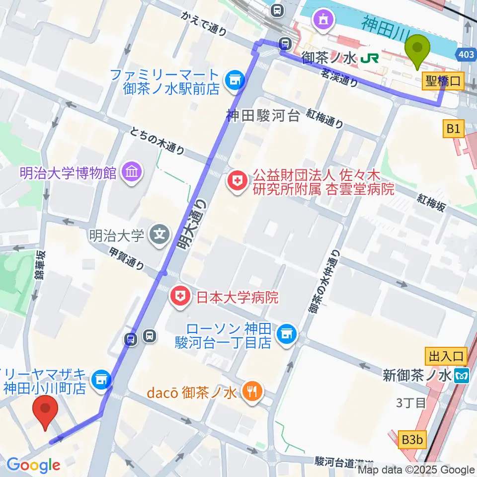 御茶ノ水駅からナチュラルハイテックレコーズへのルートマップ地図