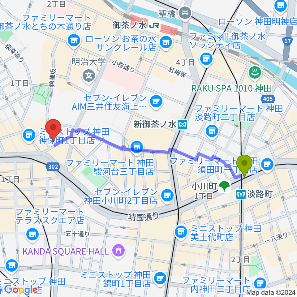 淡路町駅からナチュラルハイテックレコーズへのルートマップ地図