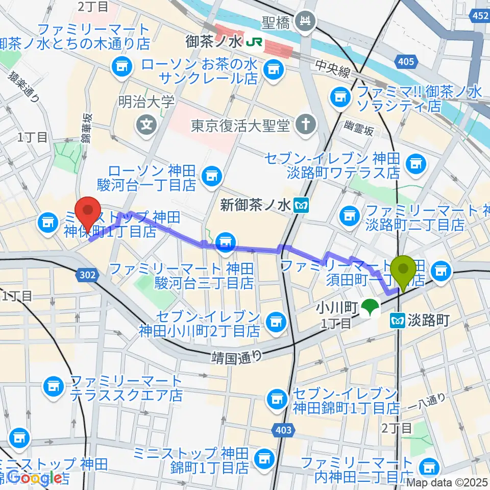 淡路町駅からナチュラルハイテックレコーズへのルートマップ地図