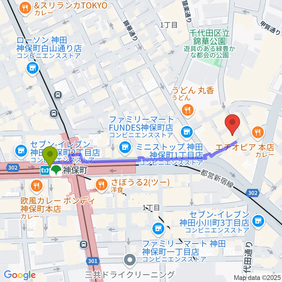 ナチュラルハイテックレコーズの最寄駅神保町駅からの徒歩ルート（約5分）地図