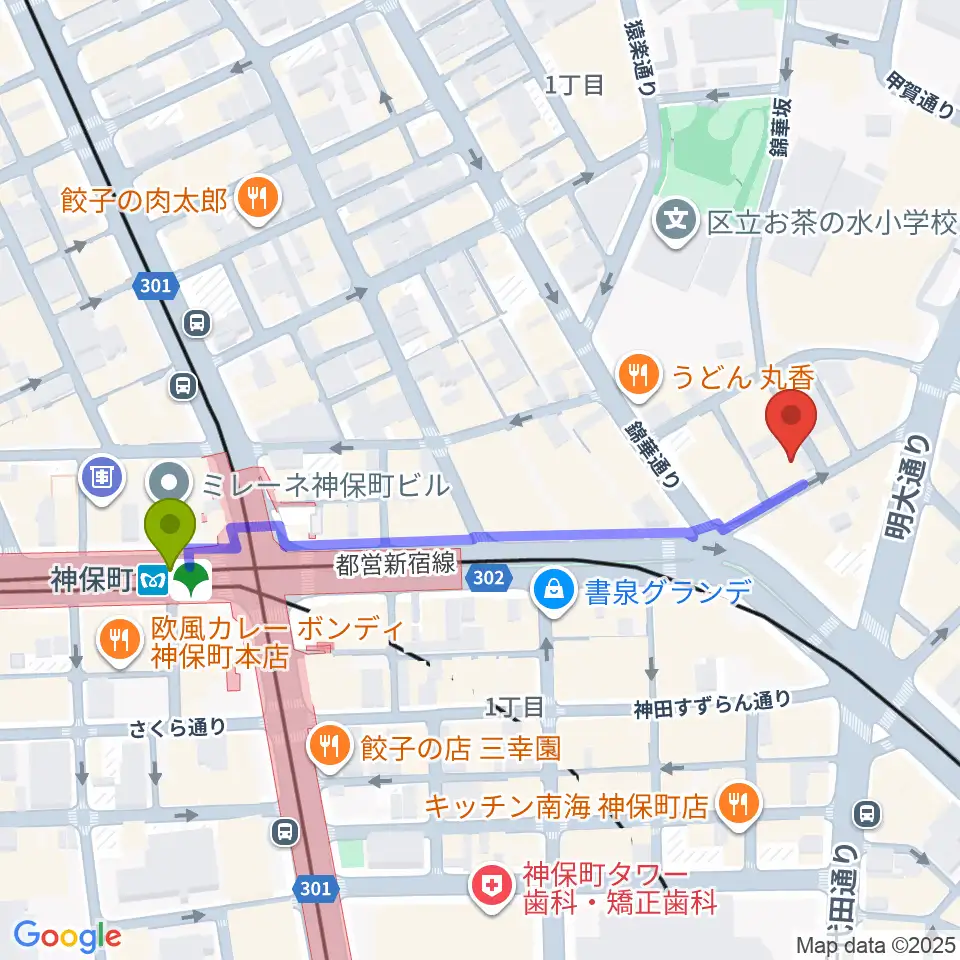 ナチュラルハイテックレコーズの最寄駅神保町駅からの徒歩ルート（約5分）地図