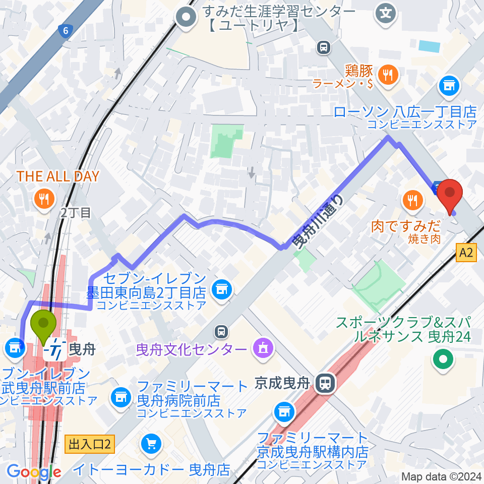 曳舟駅からMAT音楽教室 曳舟第二教室へのルートマップ地図