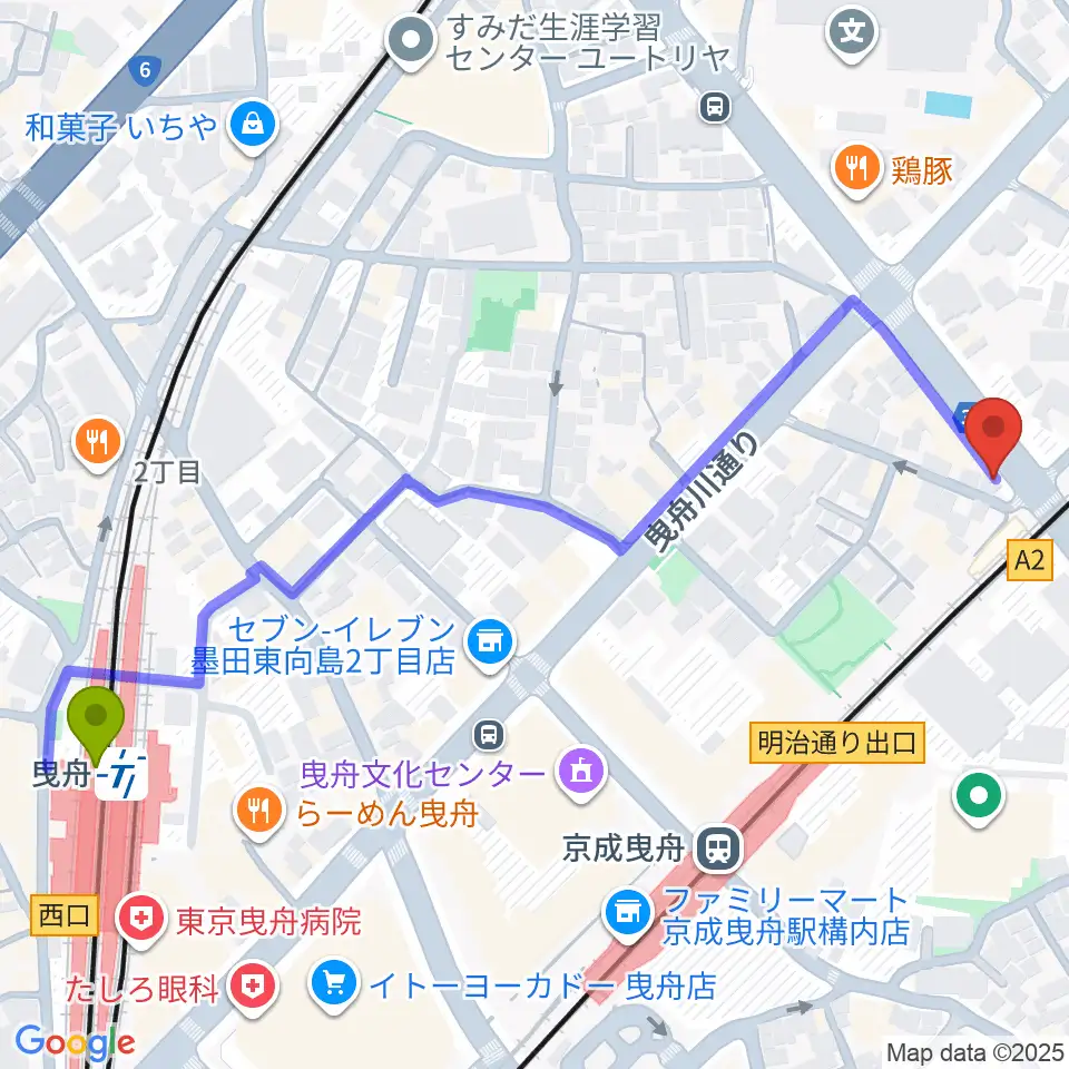 曳舟駅からMAT音楽教室 曳舟第二教室へのルートマップ地図