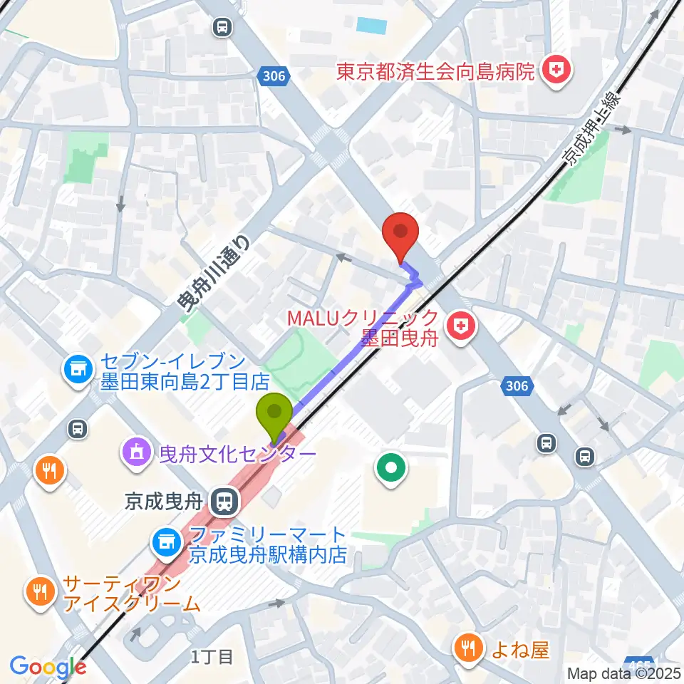 MAT音楽教室 曳舟第二教室の最寄駅京成曳舟駅からの徒歩ルート（約2分）地図