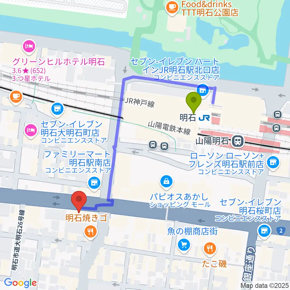 明石ポチの最寄駅明石駅からの徒歩ルート（約4分）地図