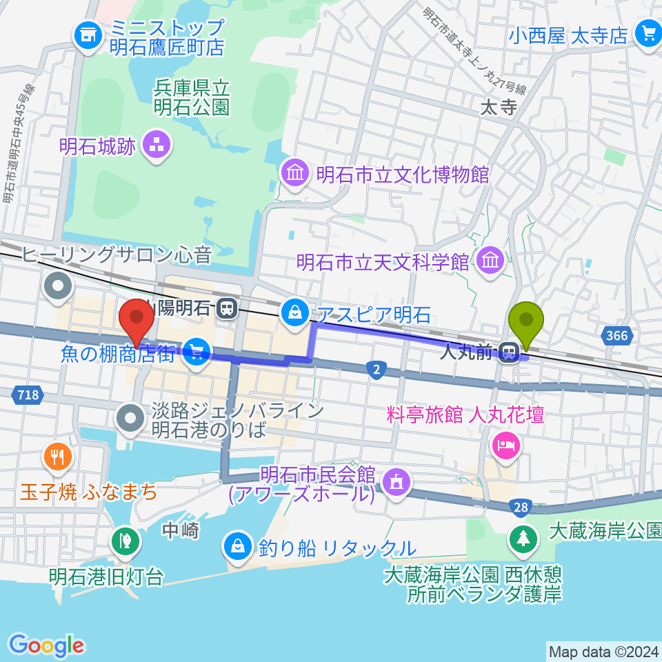 人丸前駅から明石ポチへのルートマップ地図