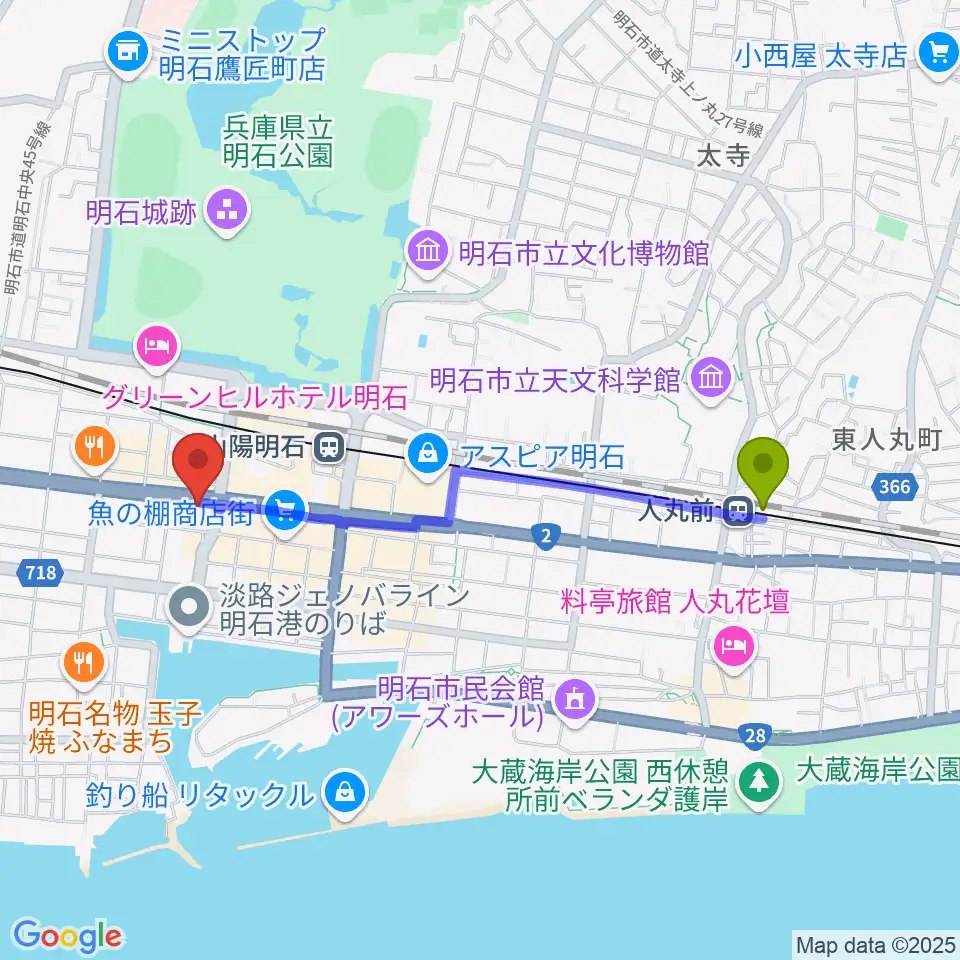 人丸前駅から明石ポチへのルートマップ地図