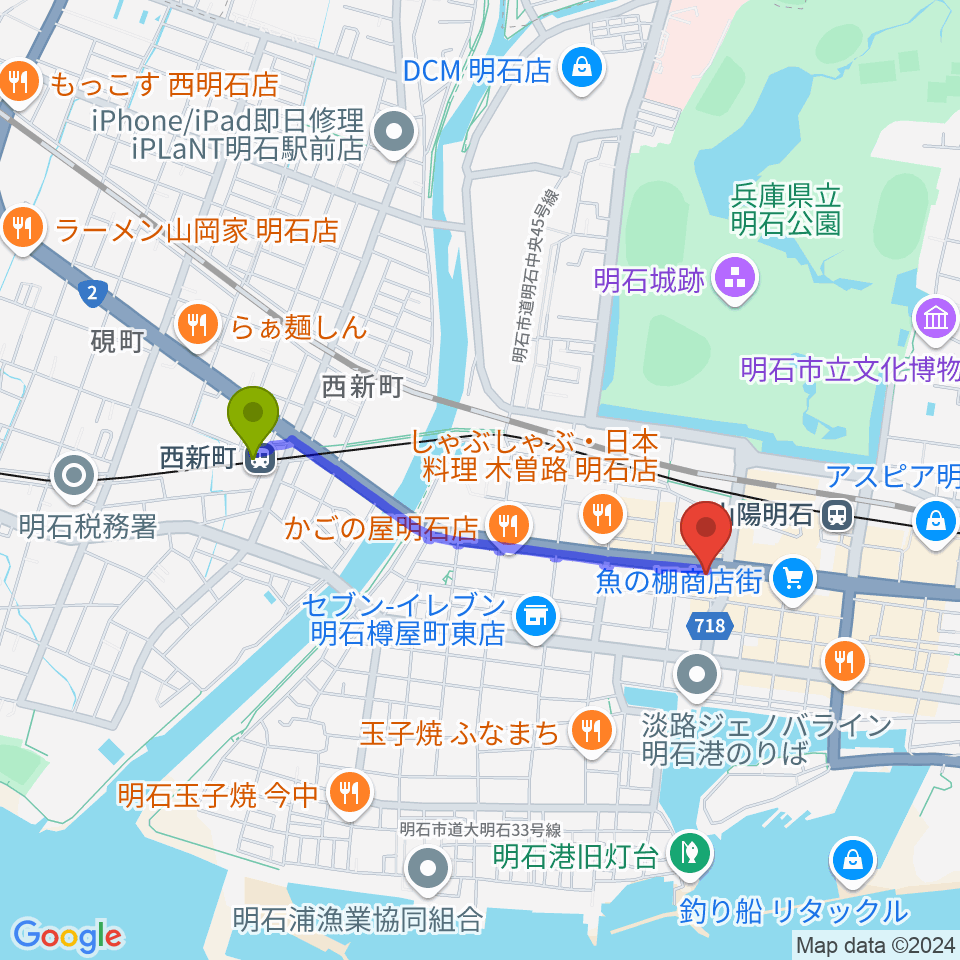 西新町駅から明石ポチへのルートマップ地図