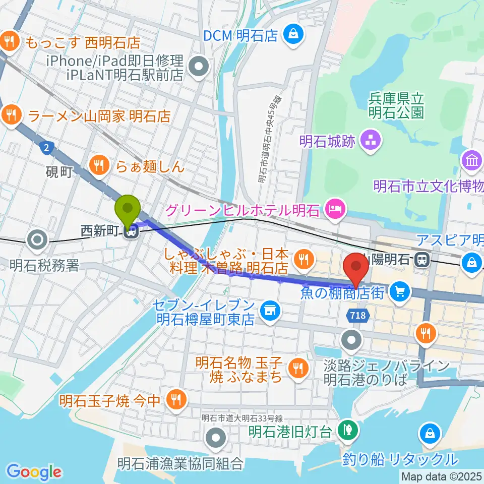 西新町駅から明石ポチへのルートマップ地図