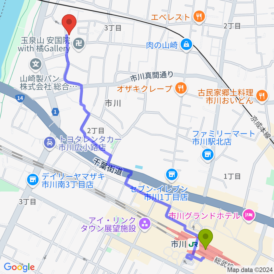 市川駅からSTUDIO Beへのルートマップ地図