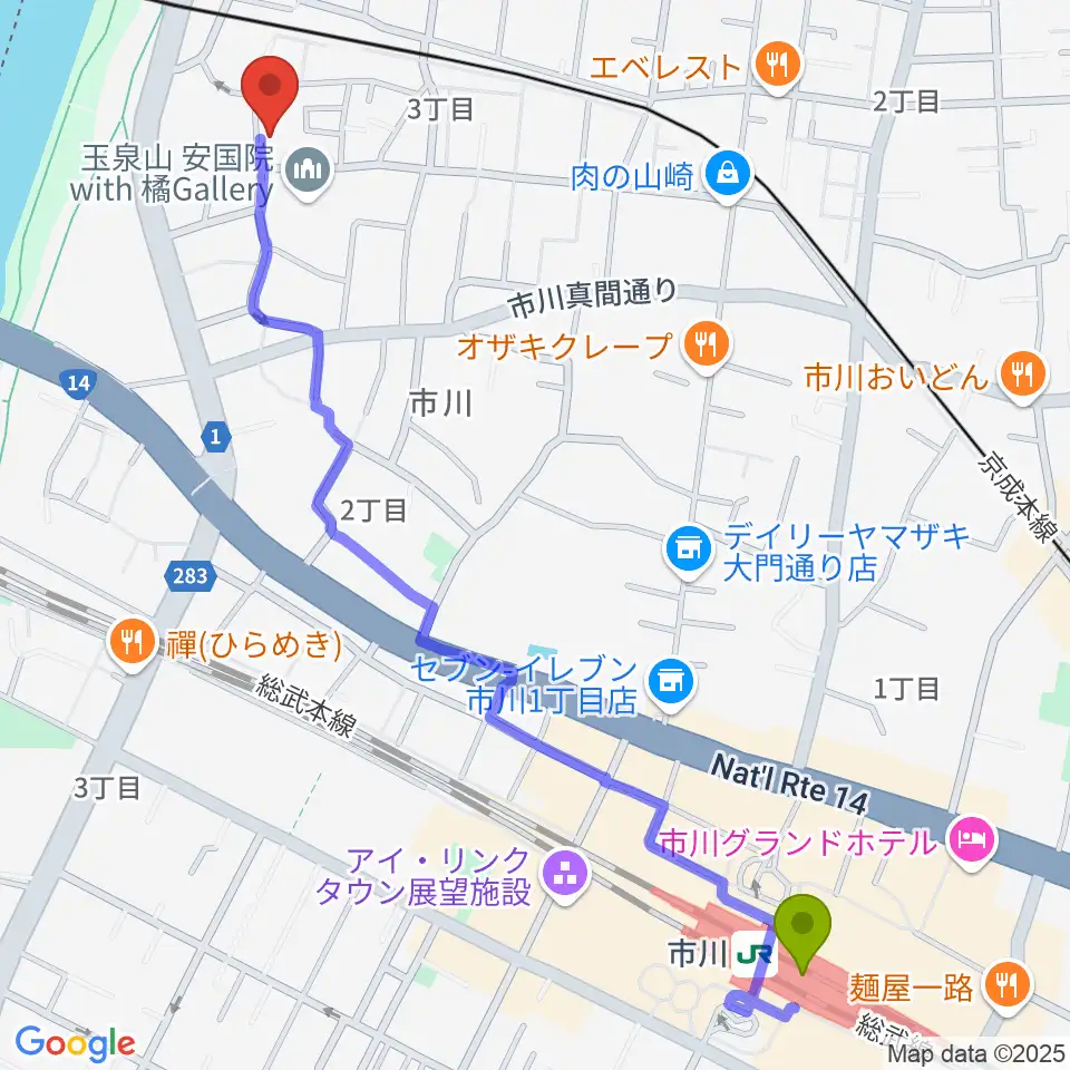 市川駅からSTUDIO Beへのルートマップ地図