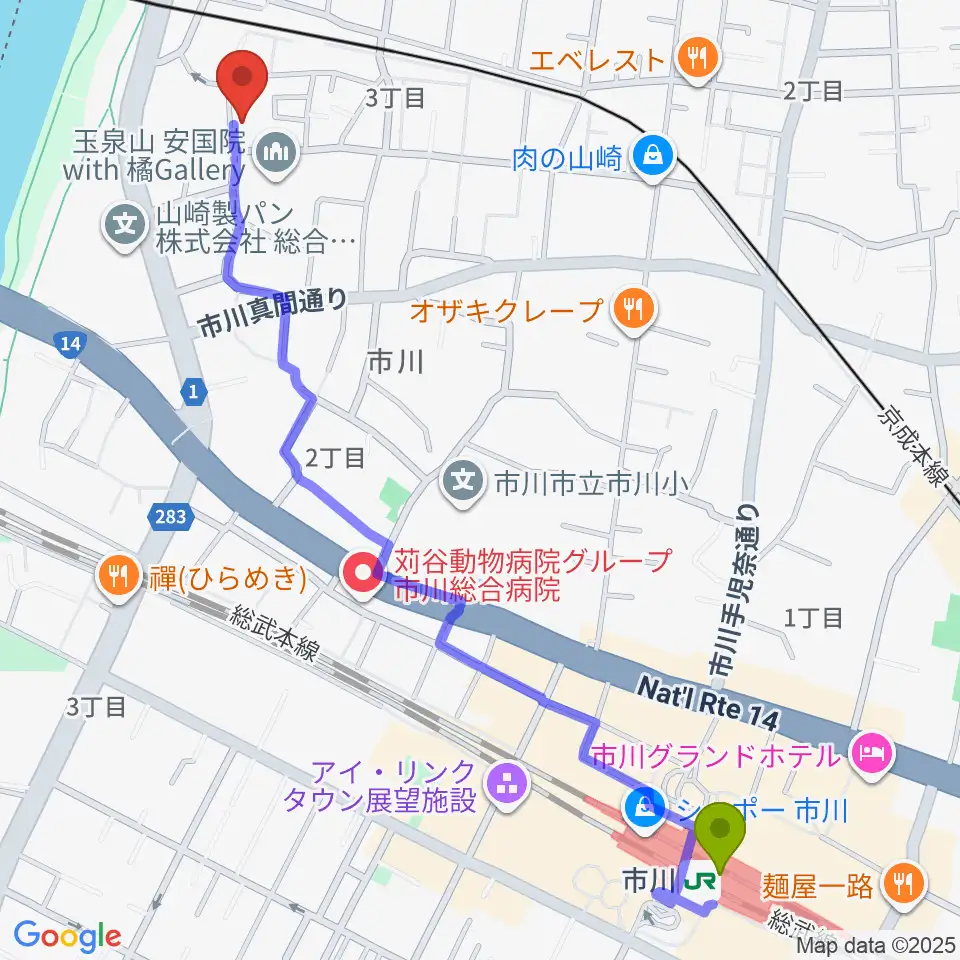 市川駅からSTUDIO Beへのルートマップ地図