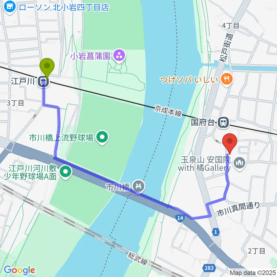 江戸川駅からSTUDIO Beへのルートマップ地図