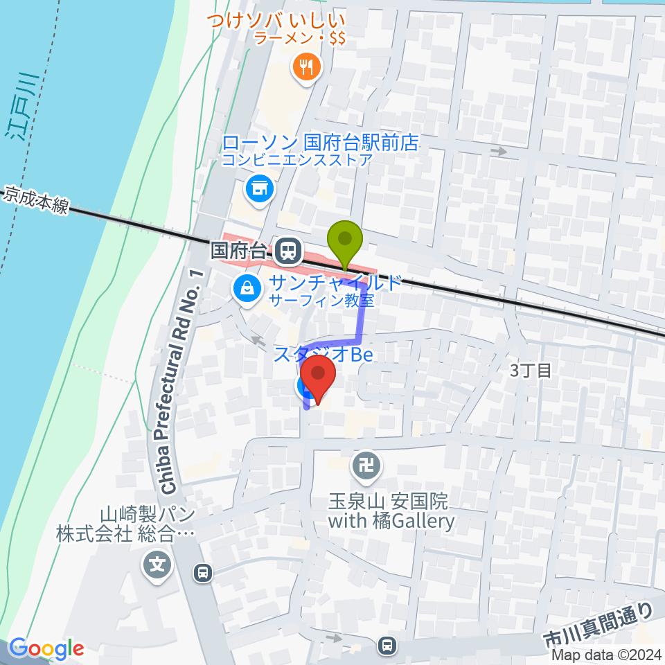 STUDIO Beの最寄駅国府台駅からの徒歩ルート（約2分）地図