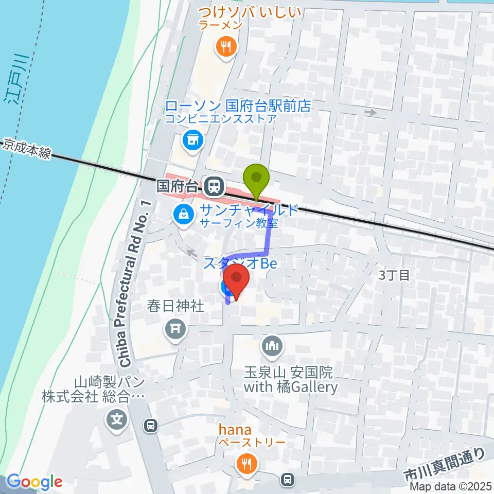 STUDIO Beの最寄駅国府台駅からの徒歩ルート（約2分）地図