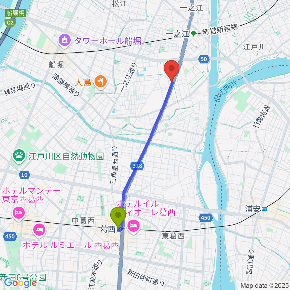 葛西駅からサウンドスタジオＭ一之江店へのルートマップ地図