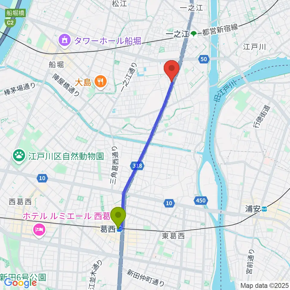 葛西駅からサウンドスタジオＭ一之江店へのルートマップ地図