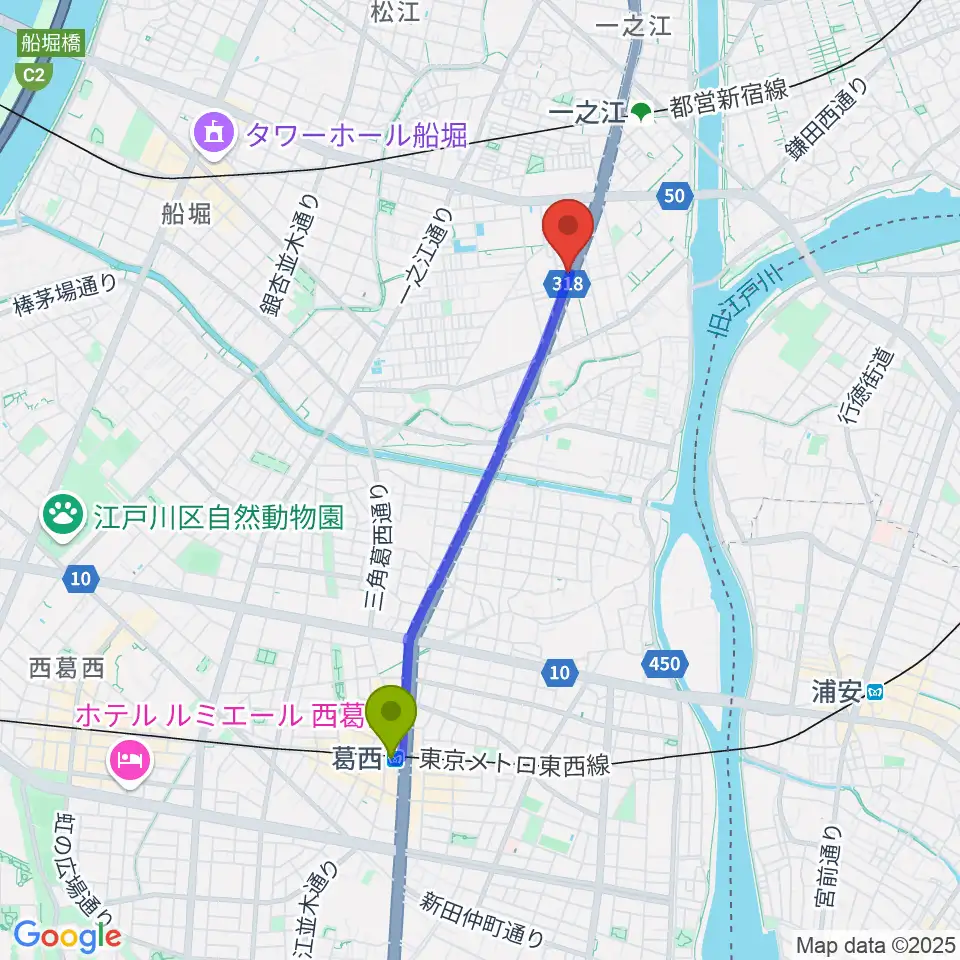 葛西駅からサウンドスタジオＭ一之江店へのルートマップ地図