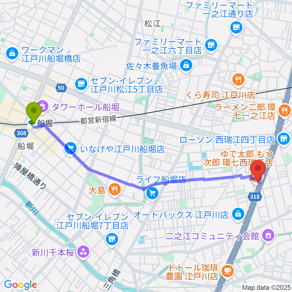 船堀駅からサウンドスタジオＭ一之江店へのルートマップ地図