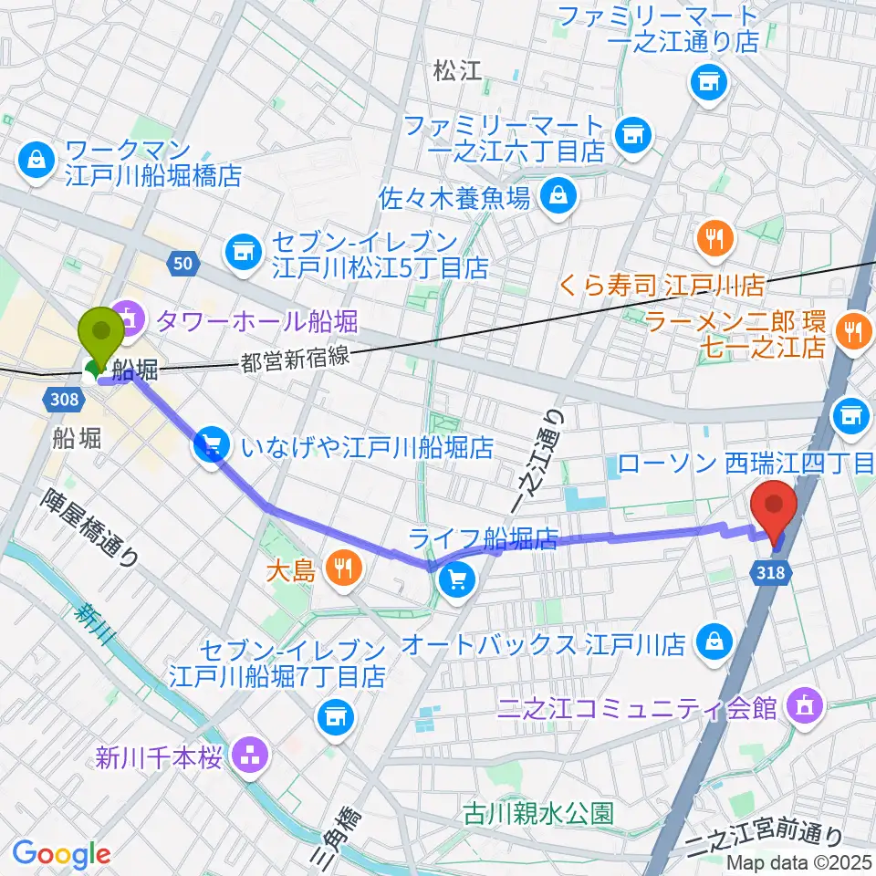 船堀駅からサウンドスタジオＭ一之江店へのルートマップ地図