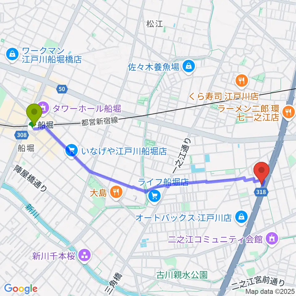 船堀駅からサウンドスタジオＭ一之江店へのルートマップ地図