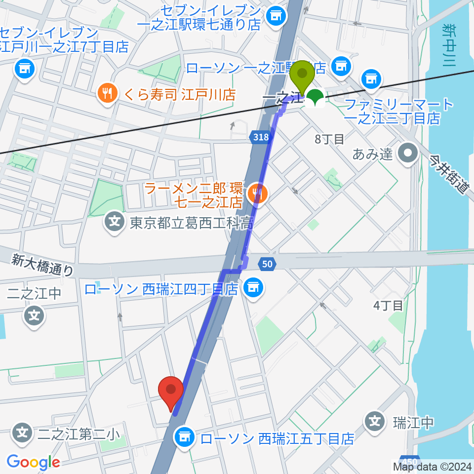 サウンドスタジオＭ一之江店の最寄駅一之江駅からの徒歩ルート（約11分）地図