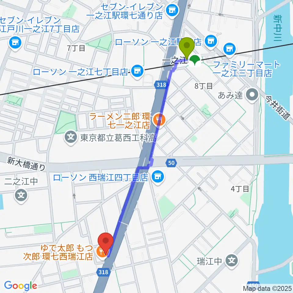 サウンドスタジオＭ一之江店の最寄駅一之江駅からの徒歩ルート（約11分）地図