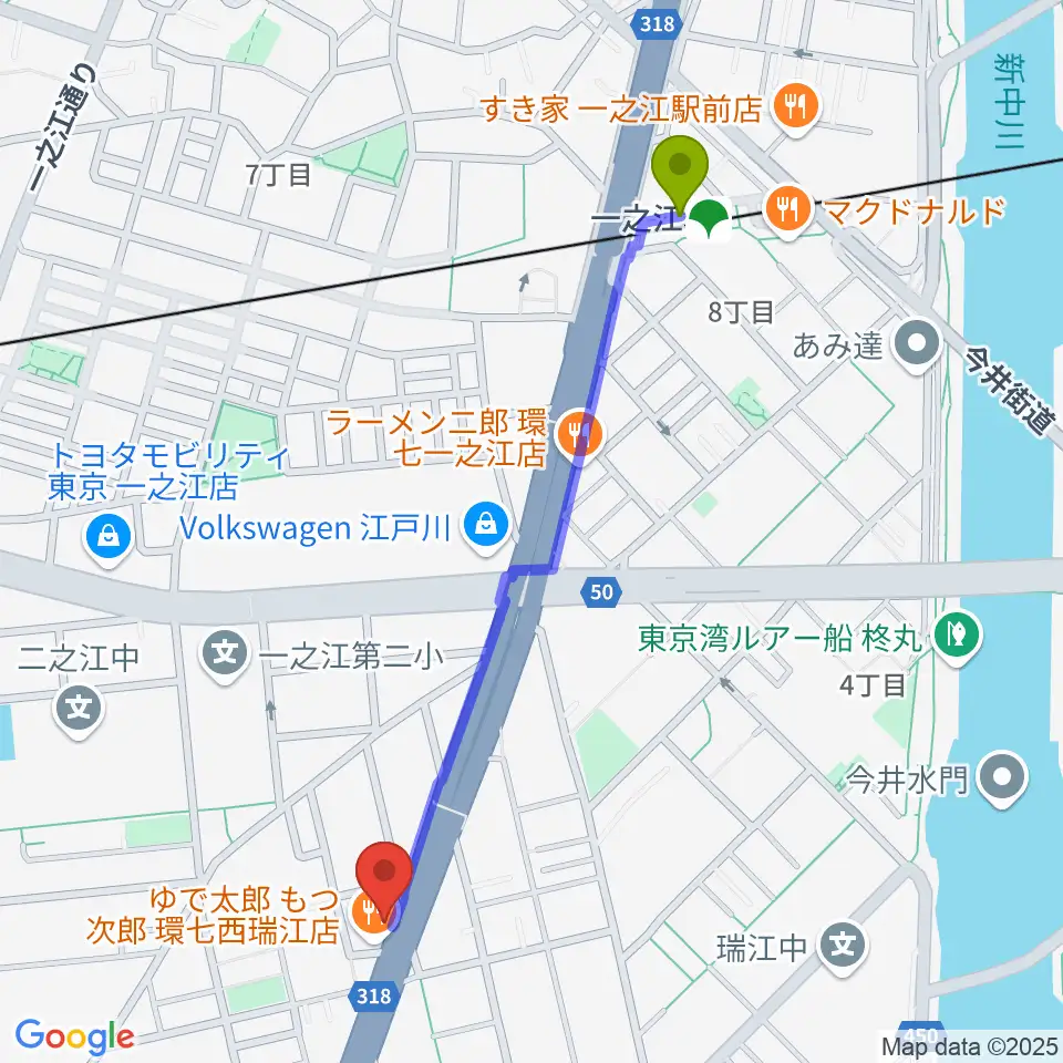 サウンドスタジオＭ一之江店の最寄駅一之江駅からの徒歩ルート（約11分）地図