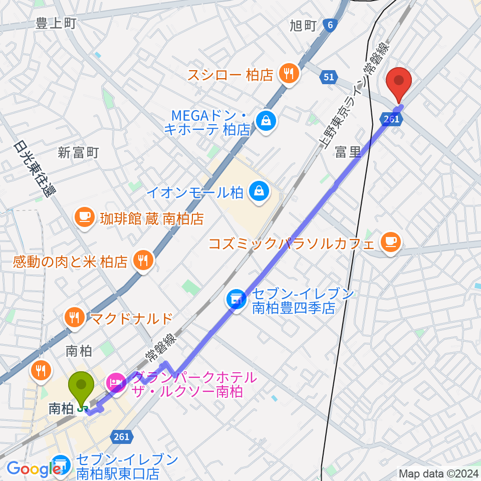 南柏駅からサウンドスタジオＭ 柏店へのルートマップ地図