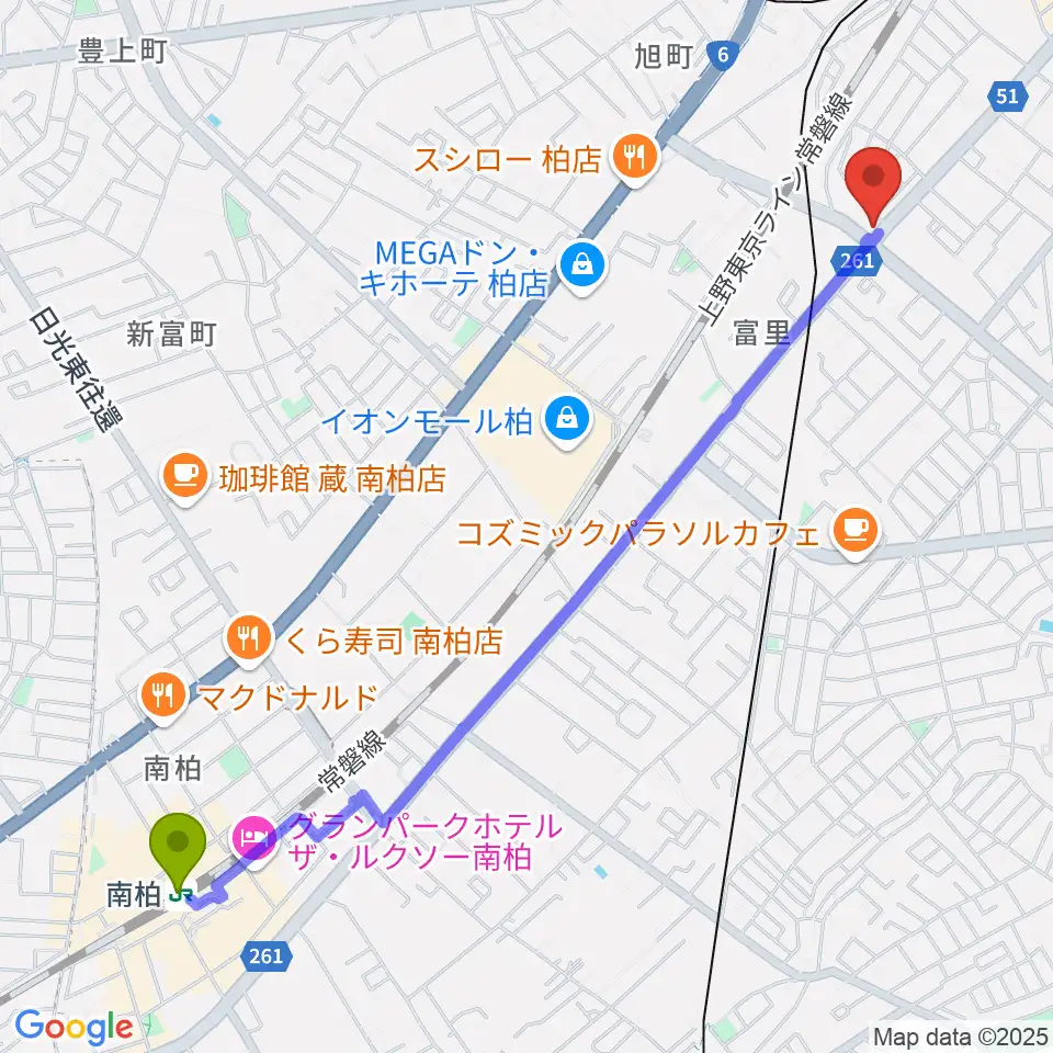 南柏駅からサウンドスタジオＭ 柏店へのルートマップ地図