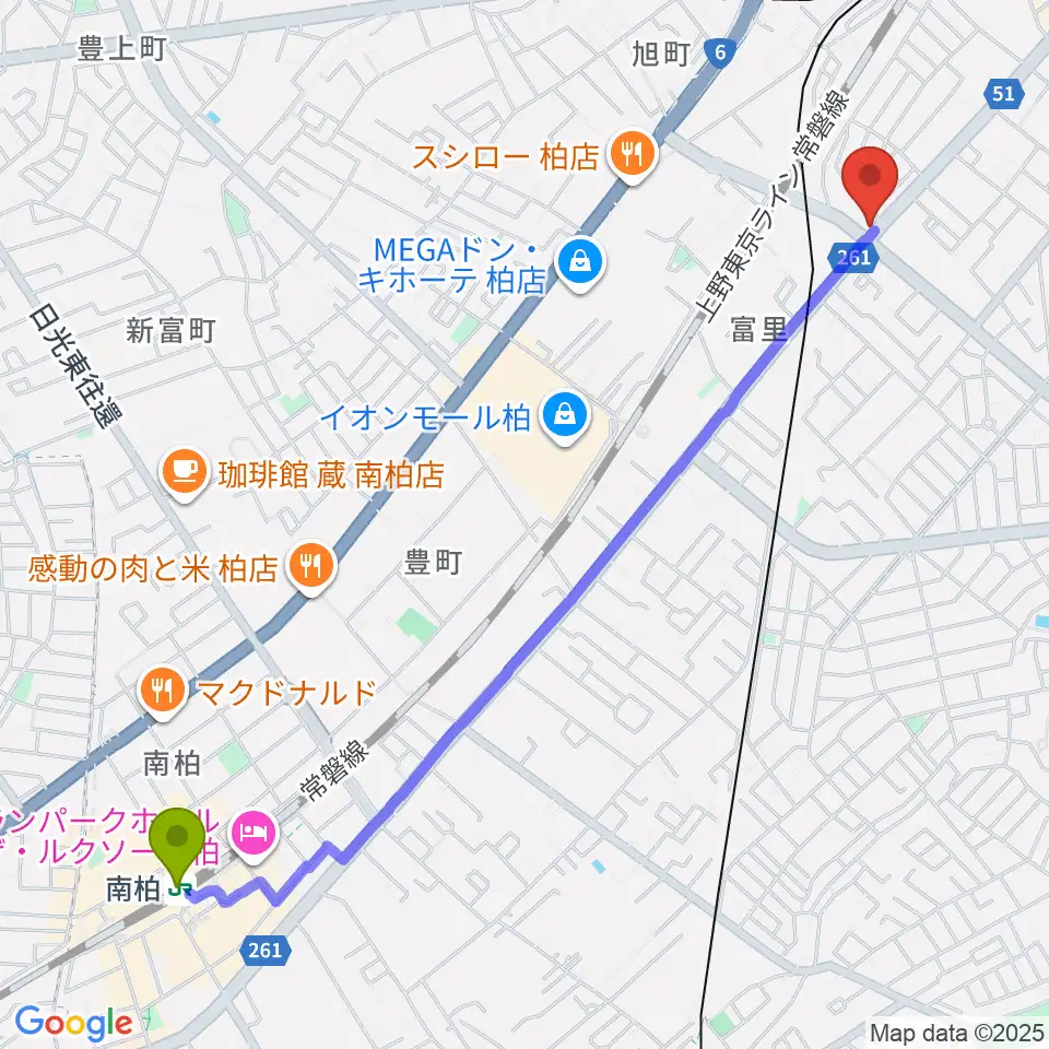 南柏駅からサウンドスタジオＭ 柏店へのルートマップ地図