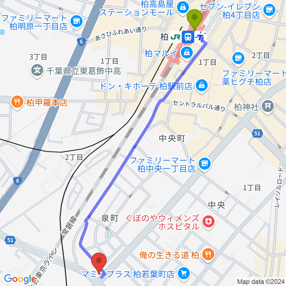 サウンドスタジオＭ 柏店の最寄駅柏駅からの徒歩ルート（約14分）地図