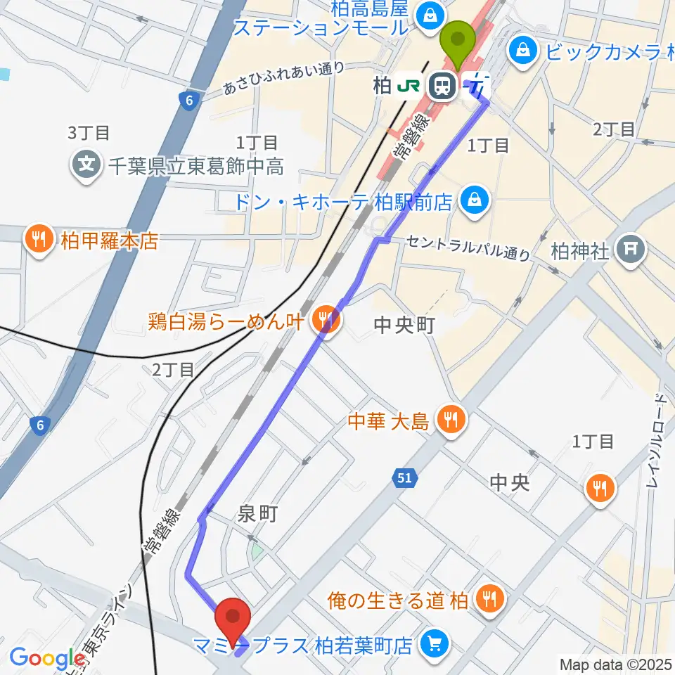 サウンドスタジオＭ 柏店の最寄駅柏駅からの徒歩ルート（約14分）地図