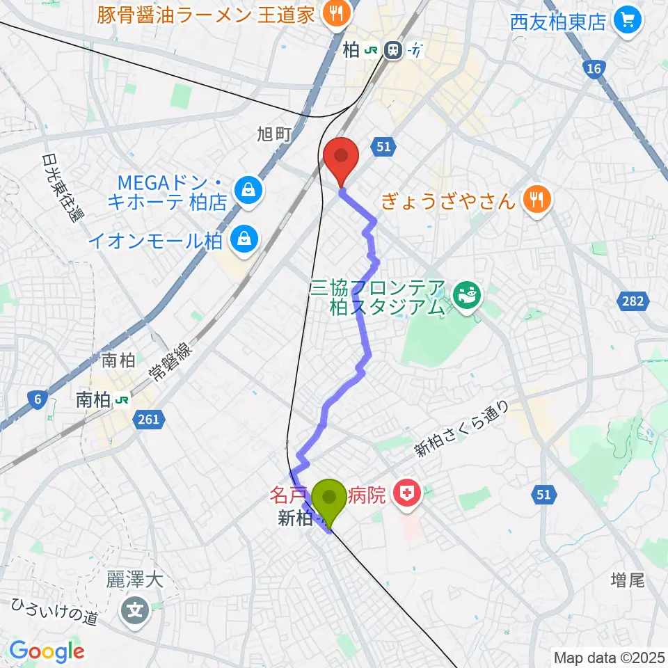 新柏駅からサウンドスタジオＭ 柏店へのルートマップ地図