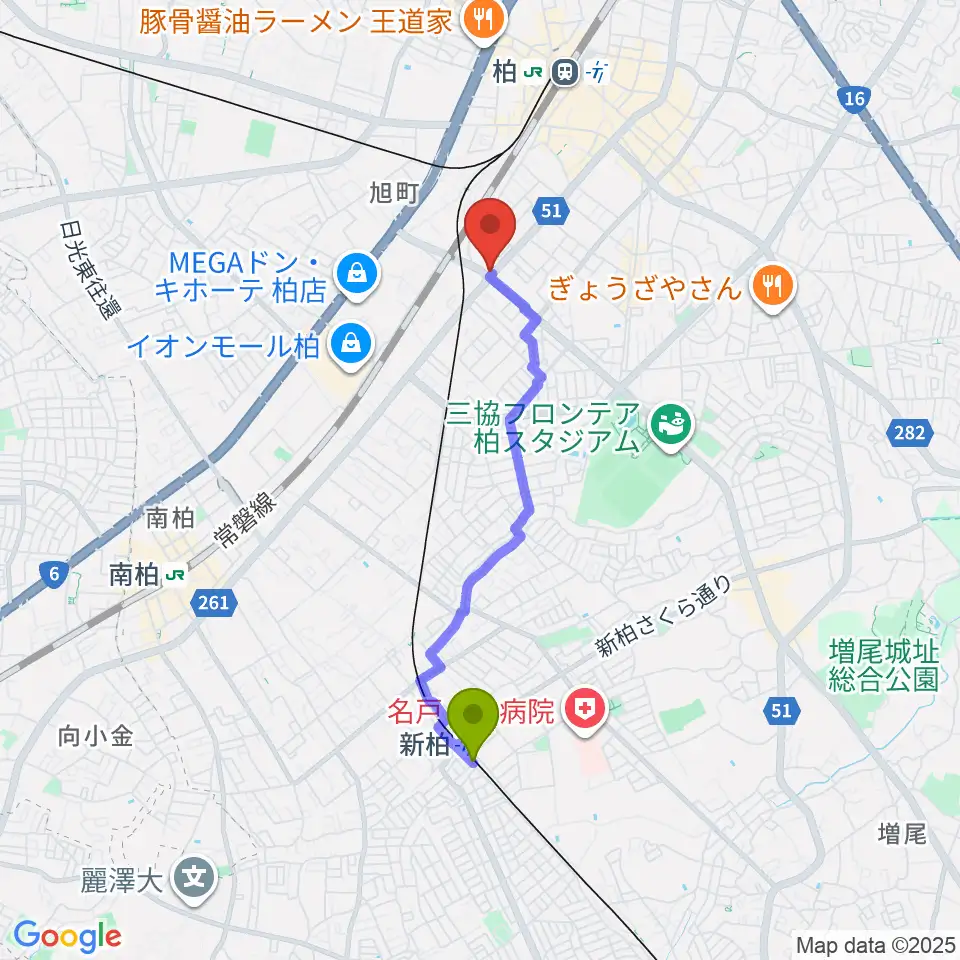 新柏駅からサウンドスタジオＭ 柏店へのルートマップ地図