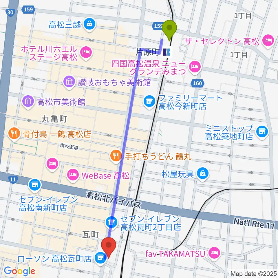 片原町駅から高松モンスターへのルートマップ地図