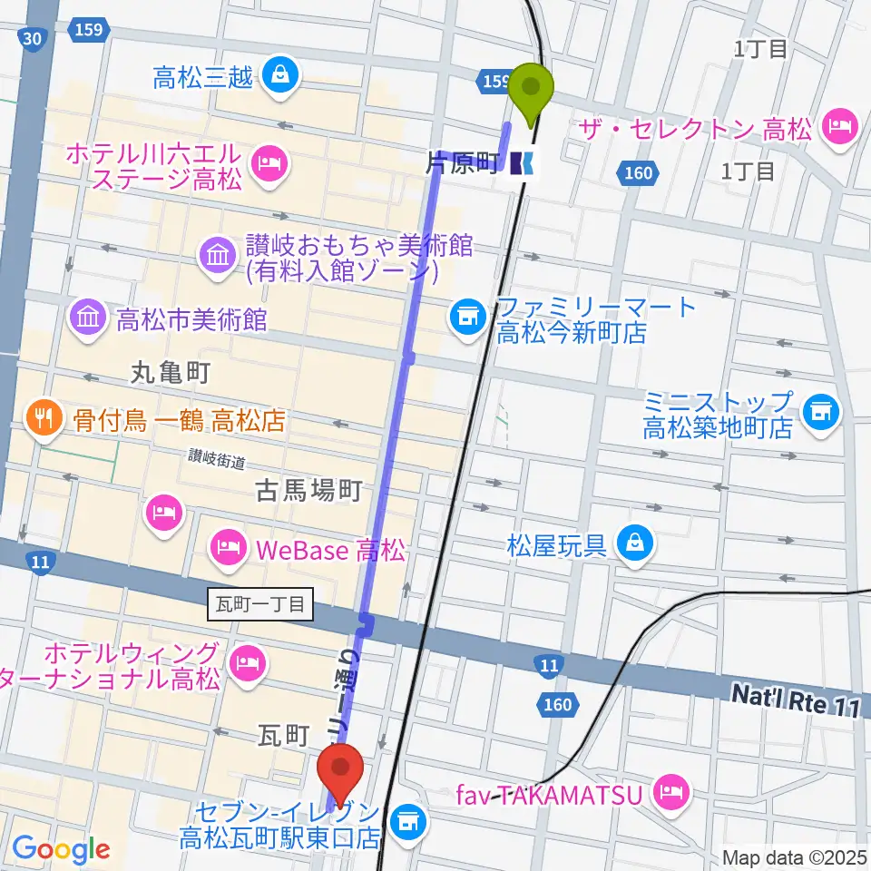 片原町駅から高松モンスターへのルートマップ地図