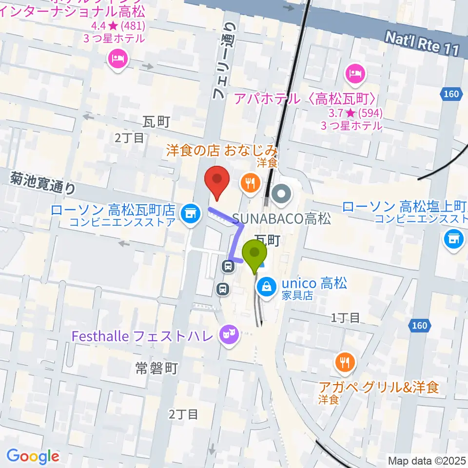 高松モンスターの最寄駅瓦町駅からの徒歩ルート（約1分）地図