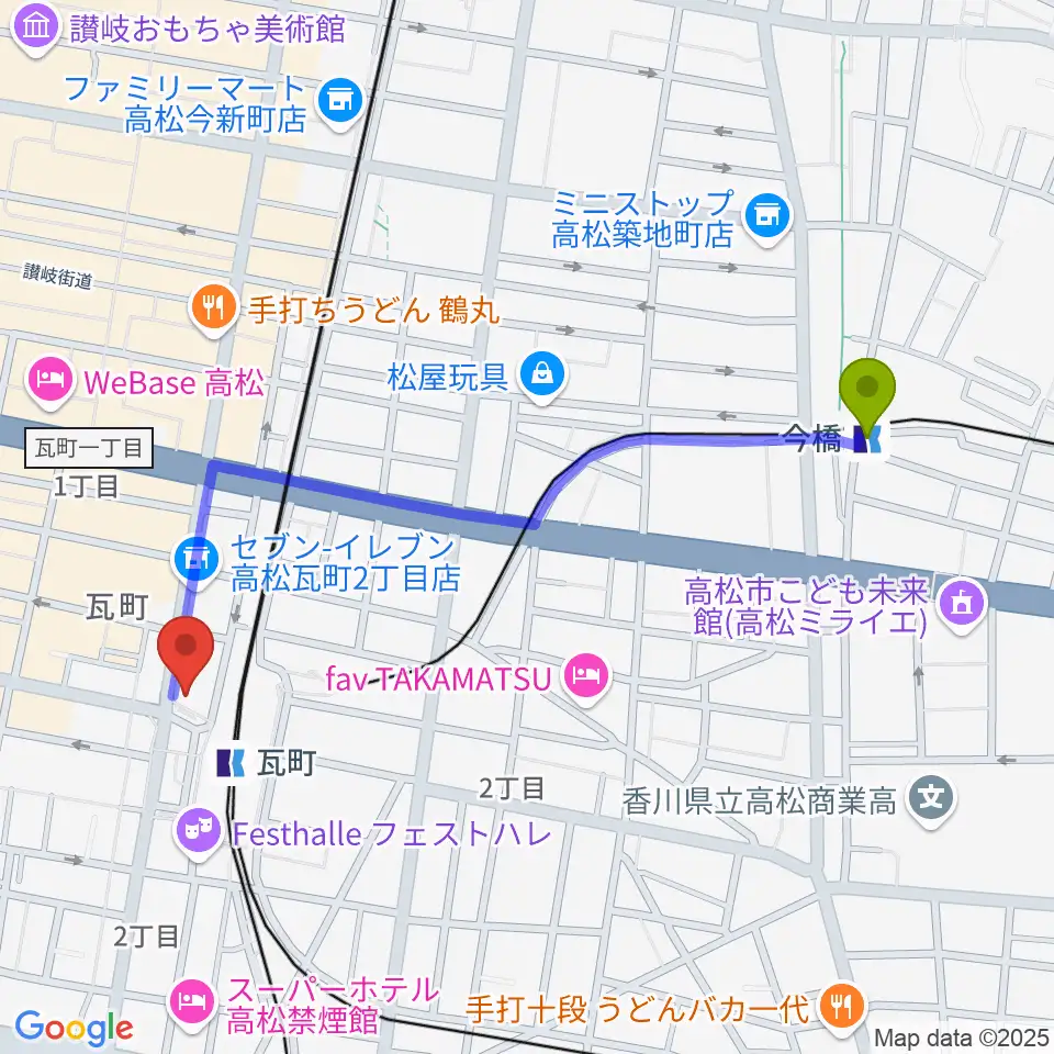 今橋駅から高松モンスターへのルートマップ地図