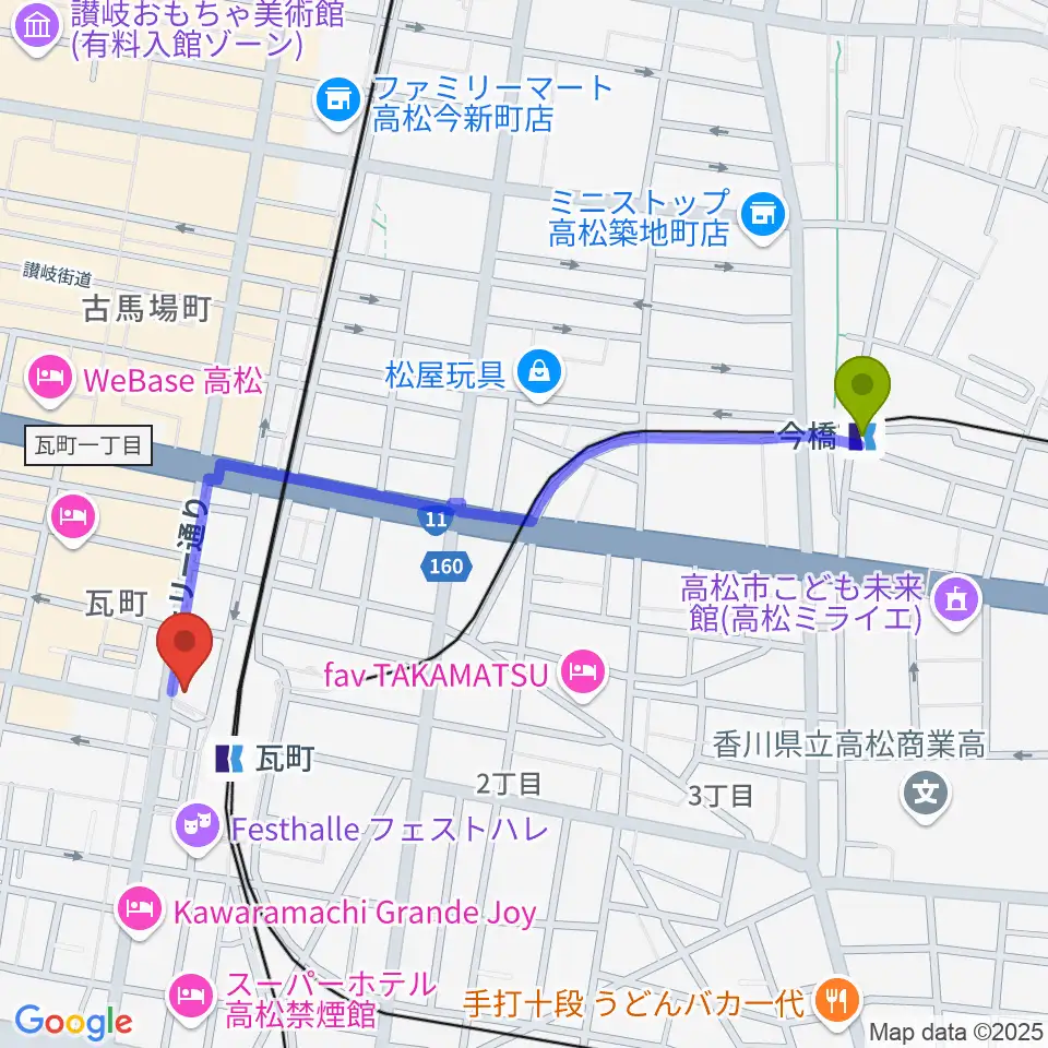 今橋駅から高松モンスターへのルートマップ地図