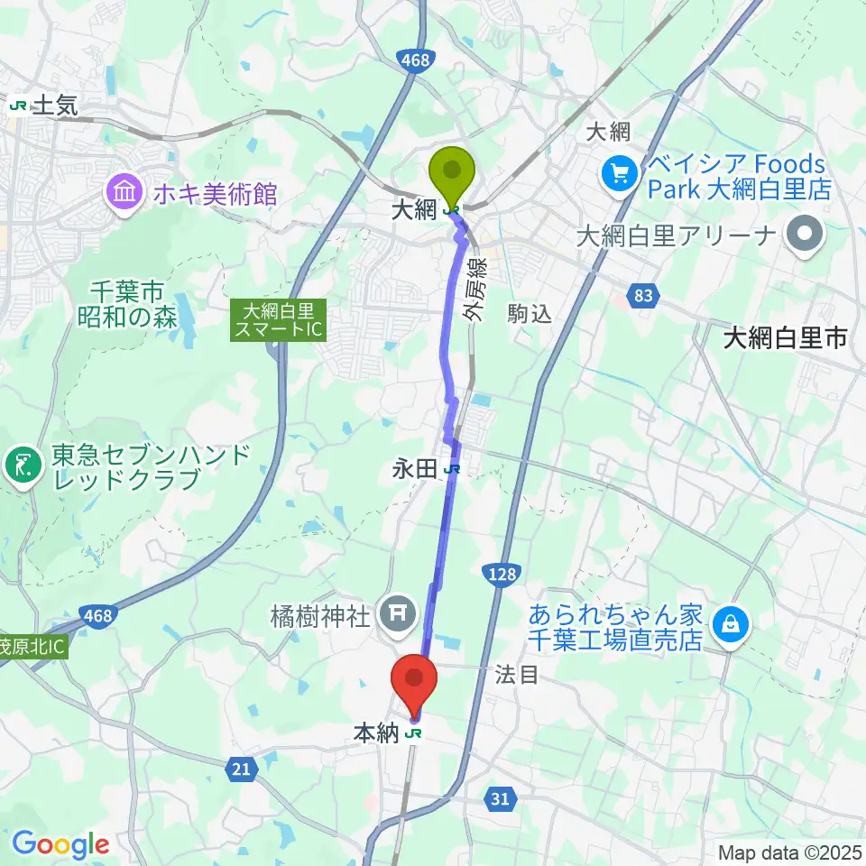 大網駅からStudio Cloveへのルートマップ地図