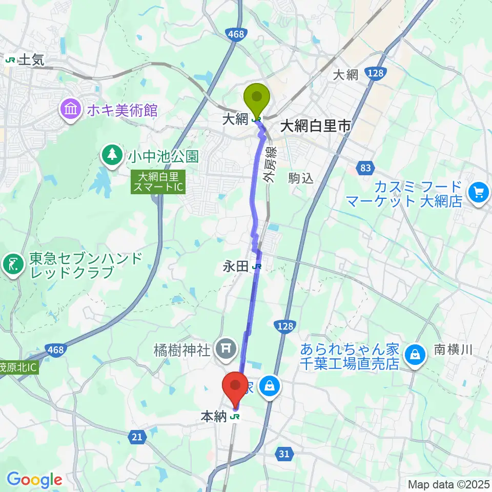 大網駅からStudio Cloveへのルートマップ地図